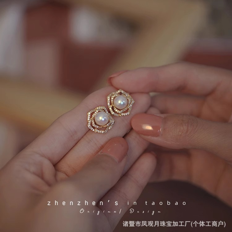 ZHUJI 담수 진주 귀걸이 입체 지르콘 로즈 귀걸이 한국 스타일 귀걸이 여성 선물 S