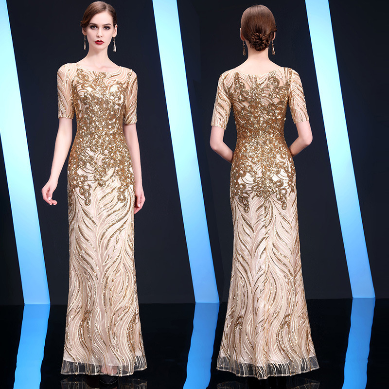 Golden Evening Dress 2026 Winter New Style Banquet Elegant Socialite Host Banquet Party European and American Dress