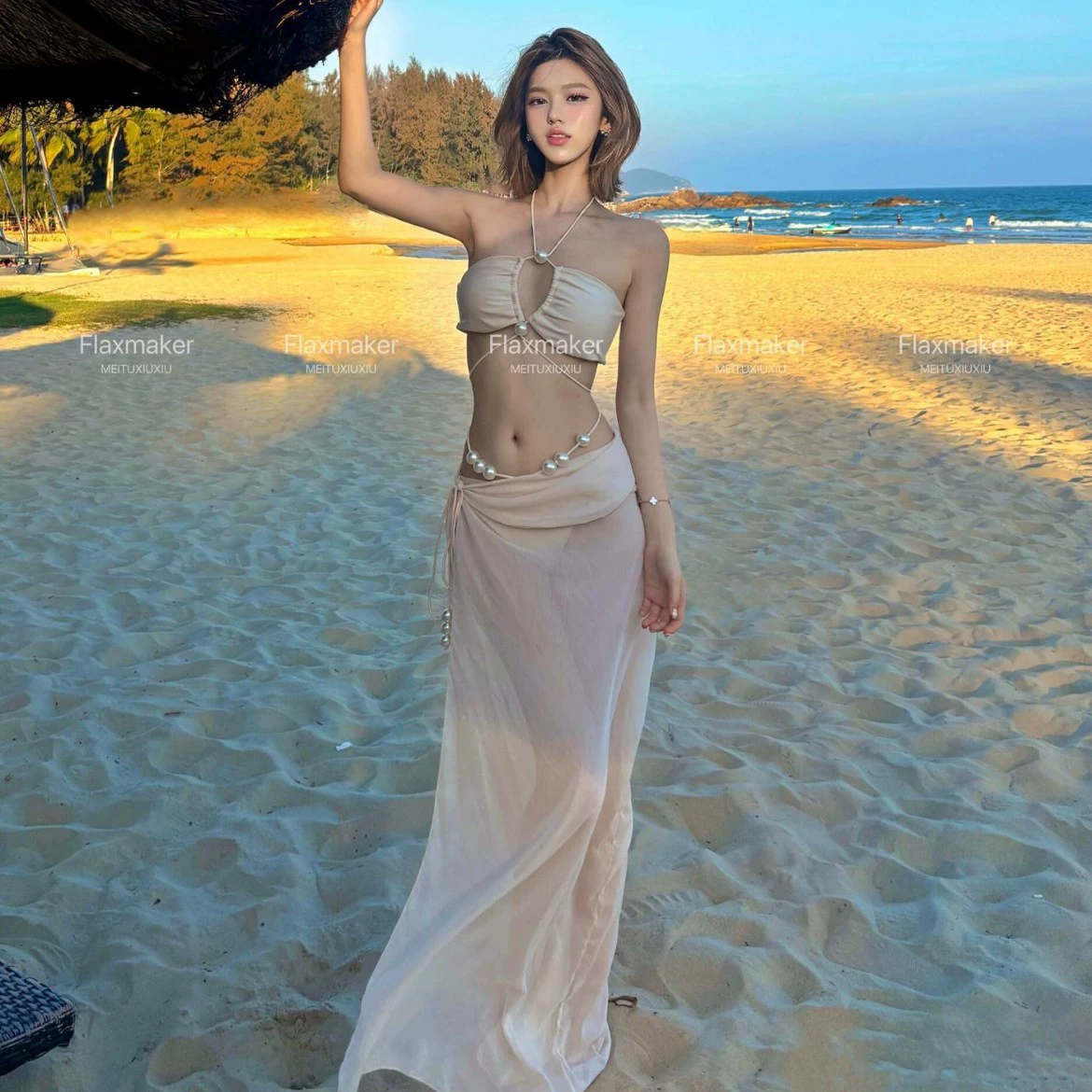 Новый островной отдых: сексуальный топ-труба с жемчужными бретелями, высококачественный бикини с разрезом и длинной юбкой, трехкомпонентный купальник