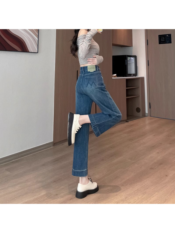 复古蓝怀旧牛仔裤女2025秋季弹力显瘦八分小个子烟管法棍直筒裤子|undefined