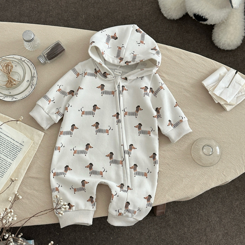 2025 Spring and Autumn New Style Baby Hooded Romper Long Sleeve Jumpsuit with Dachshund Dog Print Zipper-Style Crawling Suit