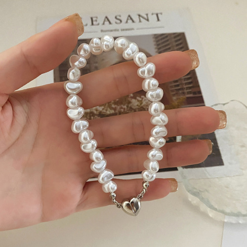 French retro freshwater pearl magnet love bracelet fashionable temperament neck chain clavicle chain set necklace jewelry