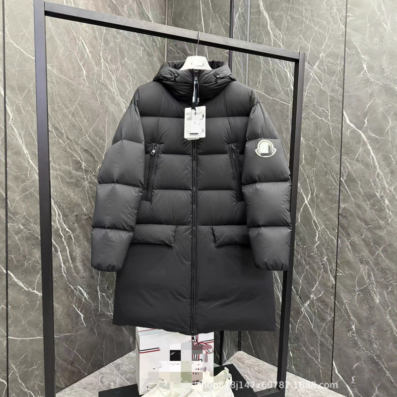 Long down Jacket with Large Pockets, Matte Finish, Large Logo Badge, Unisex Hanover Coat