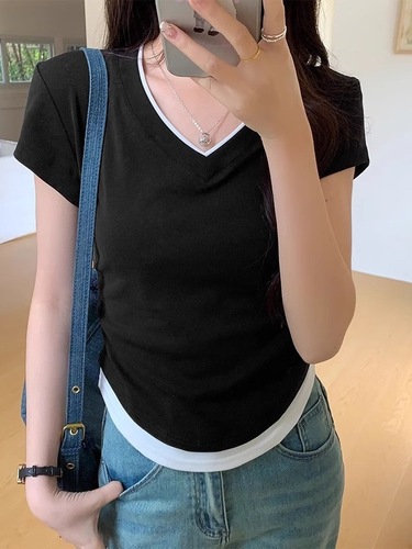 Women's Summer Short-Sleeve Collared Blouse with Cropped Hem, Puff Sleeve, Wrinkled, Fitted, and High-Waisted Two-Piece Top