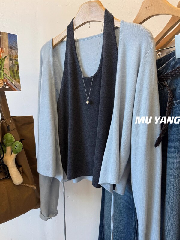 MUYANG 温柔蓝色拼灰背心 绑带假两件针织衫开衫 女假套式毛衣女|undefined