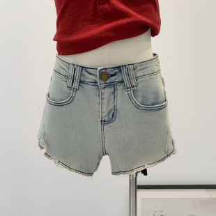 Wholesale Vintage Distressed Light Blue Denim Shorts for Women 2025 New Versatile Slimming High-Waisted A-Line Hot Pants