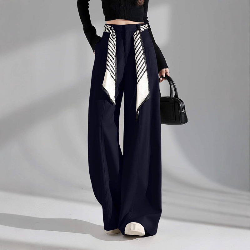 2026 Spring/Summer High-End Apricot Color Women's High-Waisted Casual Wide-Leg Trousers with Draping Effect and Silk Scarf Belt