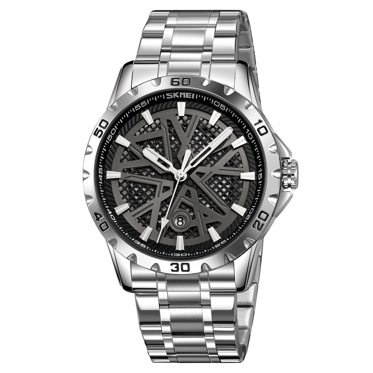 Momento de reloj de hombre redondo hueco correa de acero impermeable calendario reloj de pulsera simple reloj de cuarzo comercial al por mayor transfronterizo