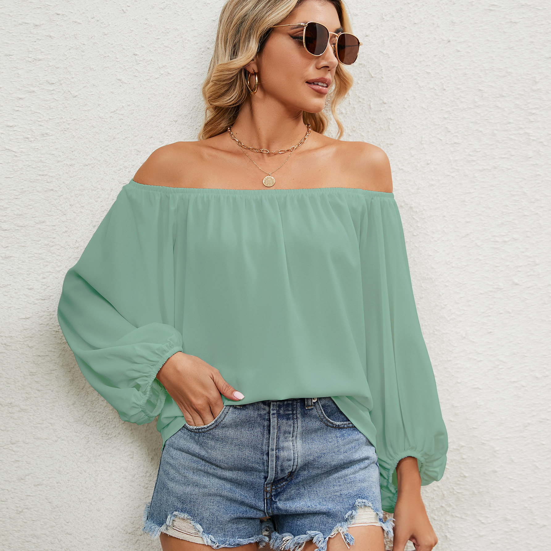 Women's T-shirt Solid Colour Chiffon Top With Line Collar_voghion.com