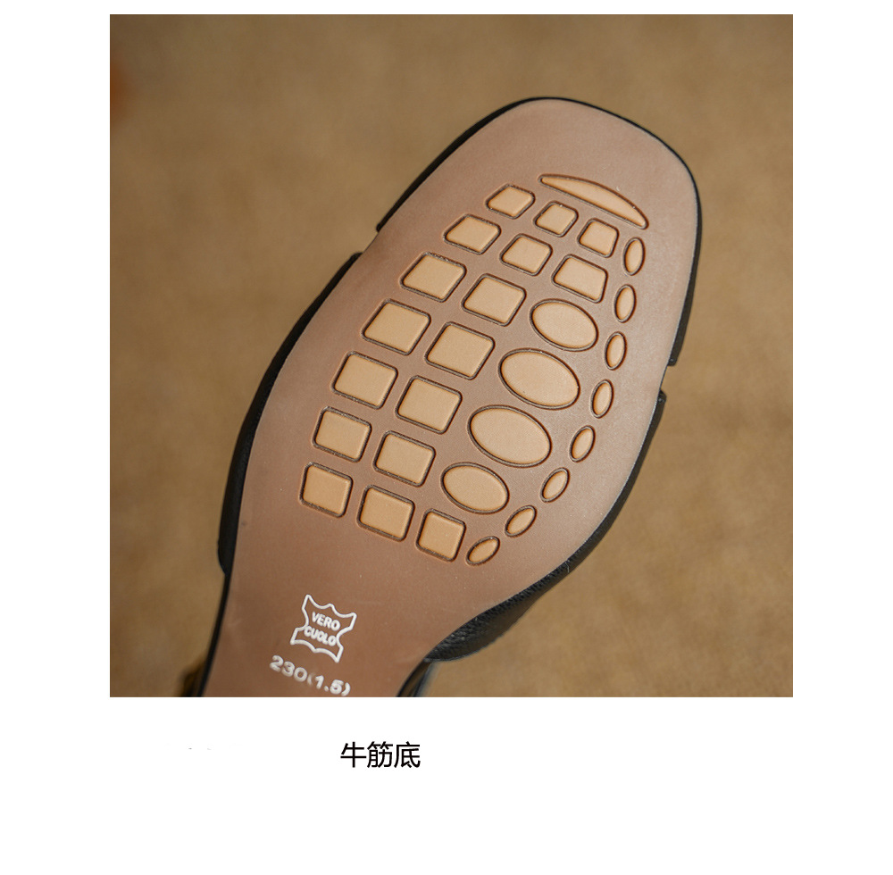 Sandal nữ da dê chạm trổ hoa văn, gót vuông 4,5 cm, mũi vuông hở mũi — đen chi tiết 20