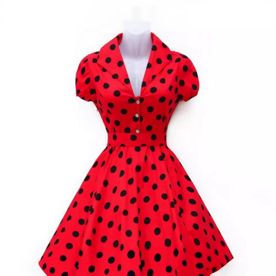 Amazon AliExpress hot sale New lapel short sleeve waist dress retro Bow polka dot short sleeve