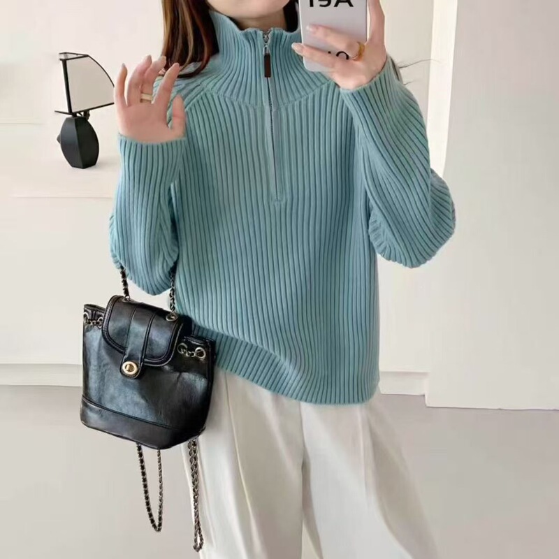 Korean-Style Stand-Collar Knit Sweater with Half-Zip Pullover Design, Long-Sleeve Jacket for Spring, Autumn, and Winter, Ribbed Design Sweater for Women, New Model