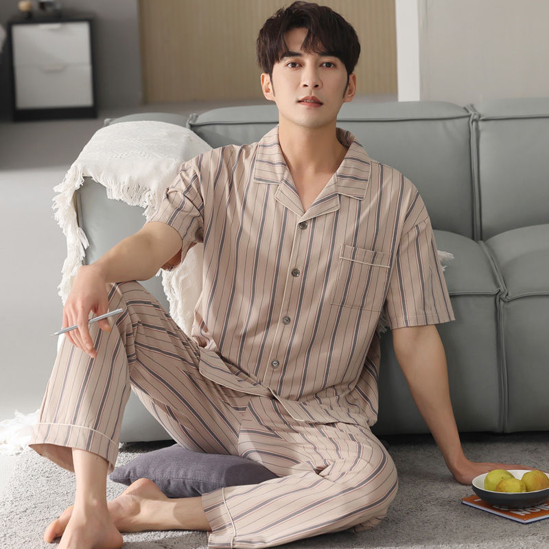 Pijamas de los hombres de verano 100% algodón pantalones de manga corta de media manga de primavera y otoño delgada cardigan ropa para el hogar más tamaño