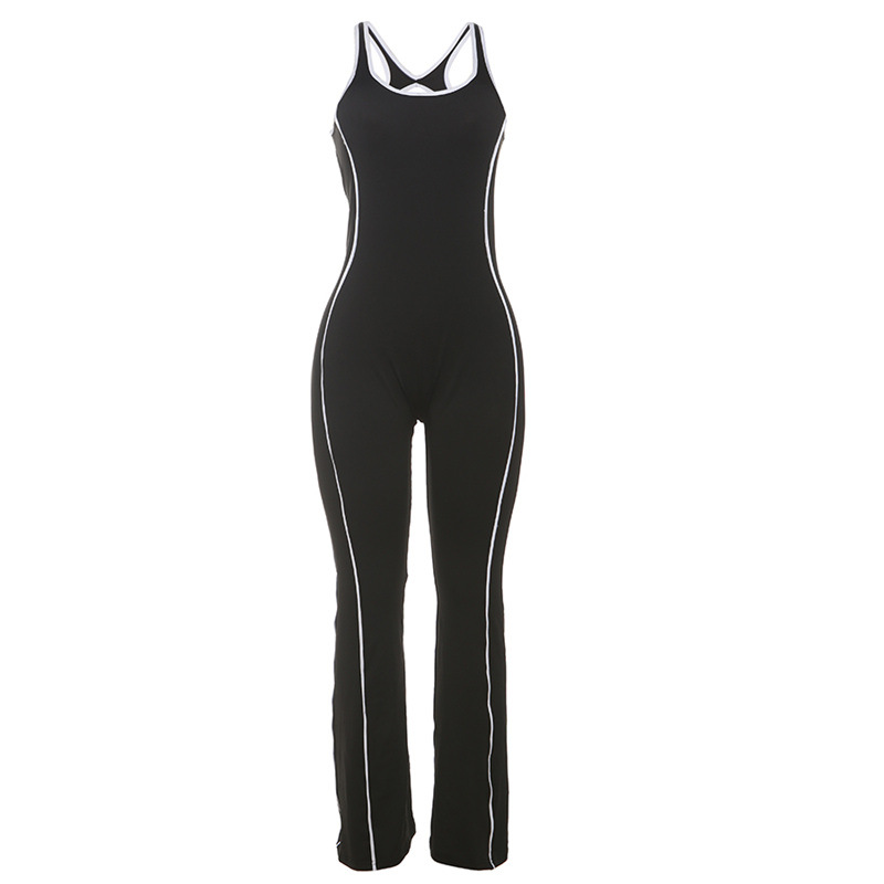 Women's Backless Slim-Fit Yoga Jumpsuit - High Waist Tummy Control Workout Bodysuit With Contrast Color Design For Summer_voghion.com