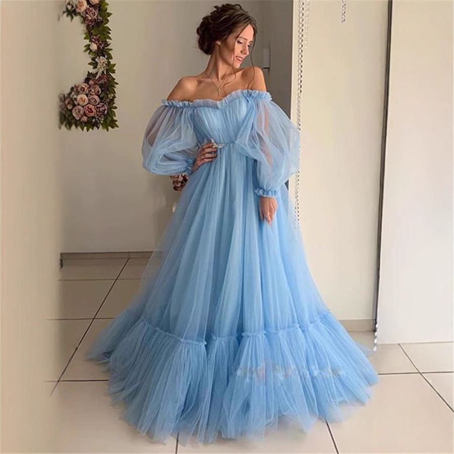 2025 nueva exportación transfronteriza europea y americana ropa de mujer deseo un hombro vestido de novia de manga larga de malla vestido con dobladillo grande