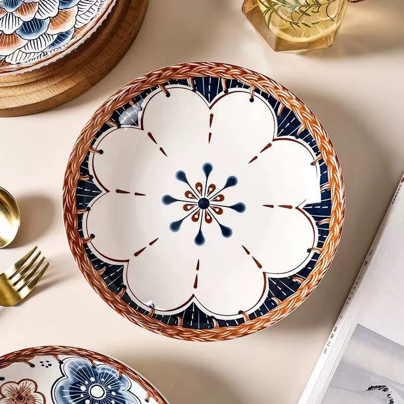 Высокое значение блюда тарелка домашнее ретро ветер сетка красная керамическая тарелка 8-дюймовая тарелка для риса японская тарелка глубокая тарелка микроволновая печь