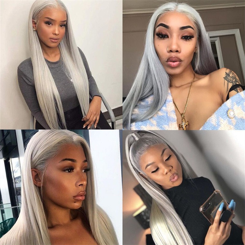 Amazon Cross-Border Hot Selling Silver Gray Long Straight Hair Front Lace Wig Chemical Fiber Full Headgear Factory Direct Sales Wholesale