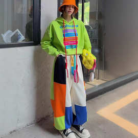 拼接撞色时尚洋气时髦大码一整套短款连帽卫衣束脚卫裤休闲运动套