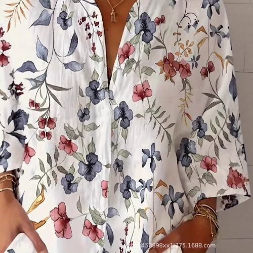 European and American fashionable bright color floral print casual vacation long-sleeved shirt tropical flowers