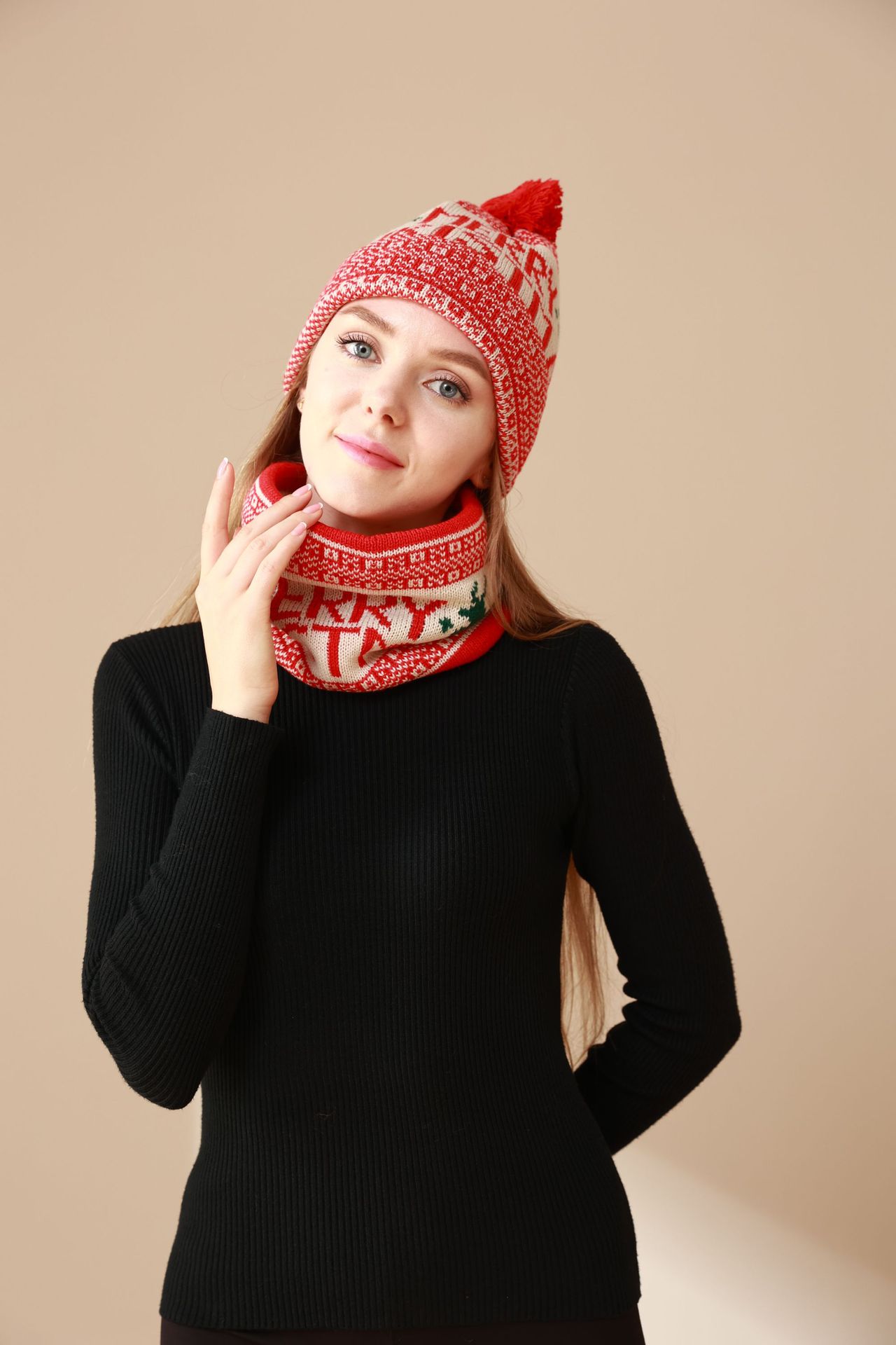 Apparel Accessories fur ball deer Christmas hat scarf suit knitted scarf fleece-lined collar warm Christmas hat_voghion.com