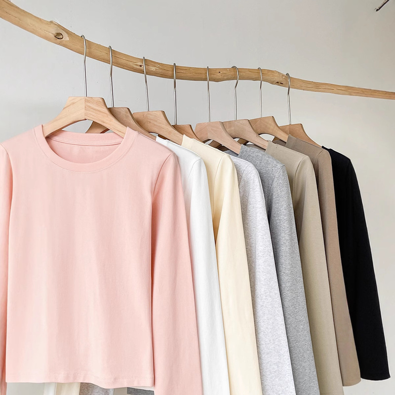 Women's Slim-Fit Long-Sleeve Cotton T-Shirt with Round Neck ~ 2026 Autumn New Style Solid Color Base Layer Top Women's Slim-Fit Long-Sleeve Cotton T-Shirt with Round Neck ~ 2026 Autumn New Style Solid Color Base Layer Top