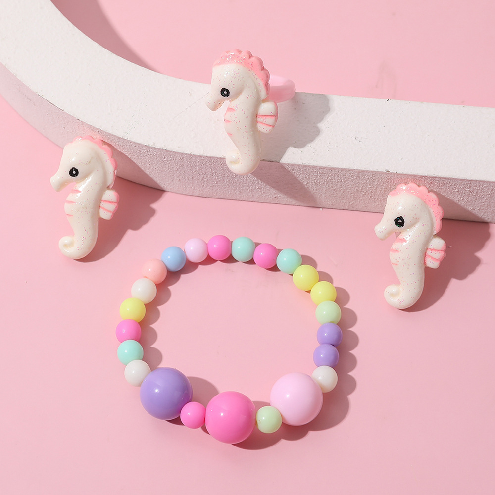 Dwarf Seahorse Acrylic Handmade Beaded Earring Ring Bracelet Three-Piece set
