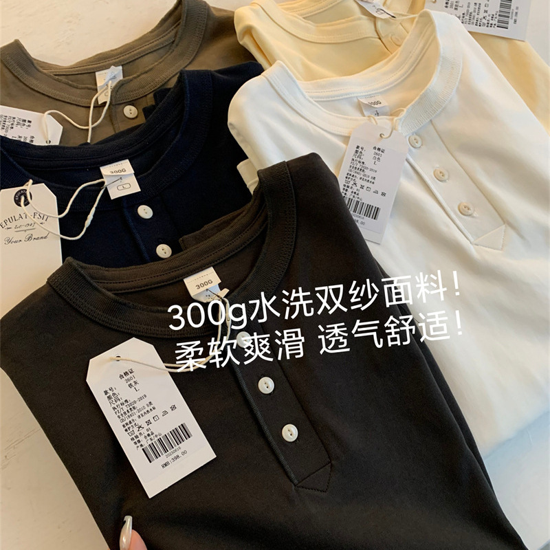 Final recommend! Heavy 300G! Pure Cotton American Khaki Retro Henry Collar Solid Color Long Sleeve T-Shirt Base Shirt for Men