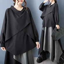 暗黑风不规则拼接卫衣百搭宽松显瘦假两件上衣+半身裙