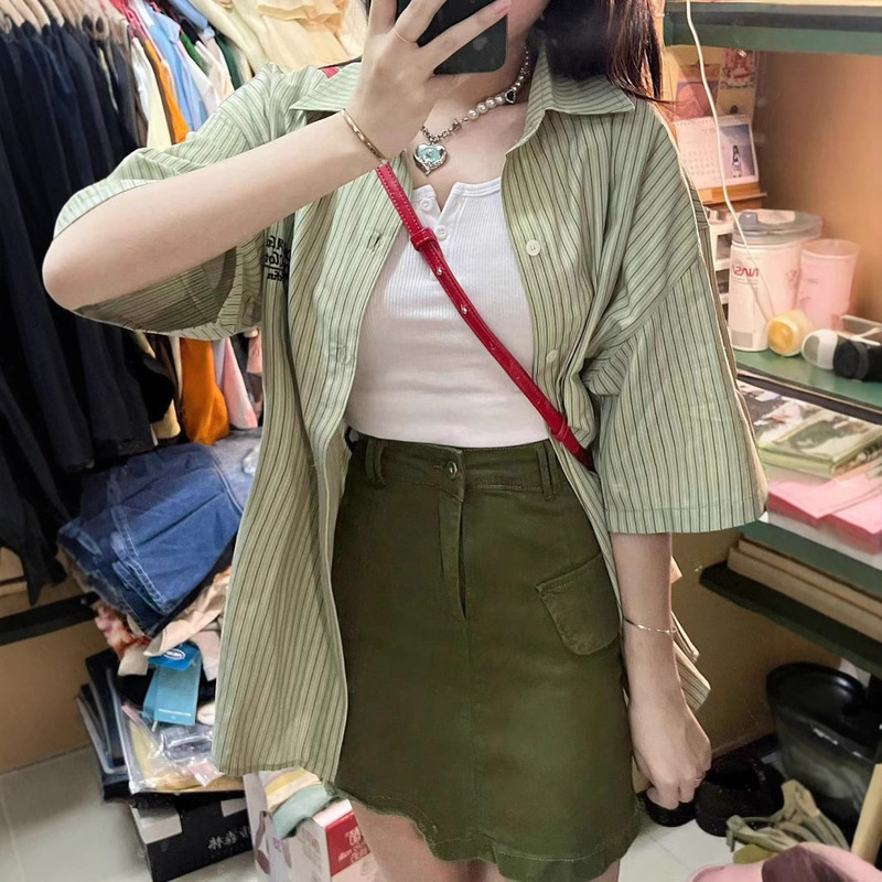 Matcha Green Striped Shirt Women's oversize Summer Loose Short-sleeved Shirt Cardigan Japanese Style Retro Top for Outer Wear