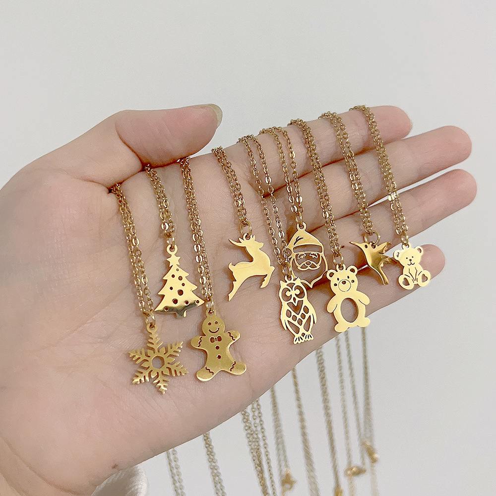 Simple Style Christmas Tree Santa Claus Gingerbread Titanium Steel Plating Hollow Out Pendant Neckla