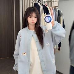 美式高街蓝色卡通刺绣开衫卫衣女春秋新款宽松学院风复合学生外套