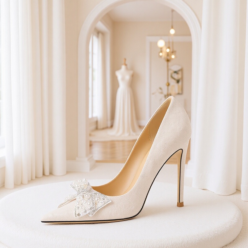 Fat Widened Beautiful High Heels White Main Wedding Dress Wedding Shoes Bride Crystal Shoes Pearl Bow plus size Women's Shoes Fat Widened Beautiful High Heels White Main Wedding Dress Wedding Shoes Bride Crystal Shoes Pearl Bow plus size Women's Shoes