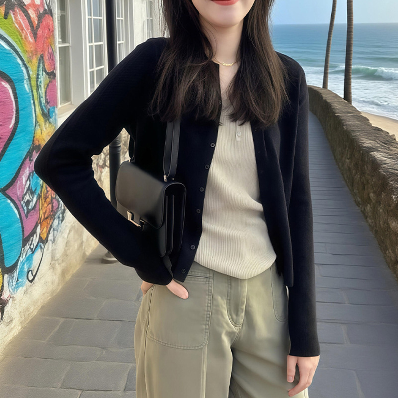 黑色小香风防晒针织开衫女夏季薄款配吊带外搭空调小罩衫上衣|undefined