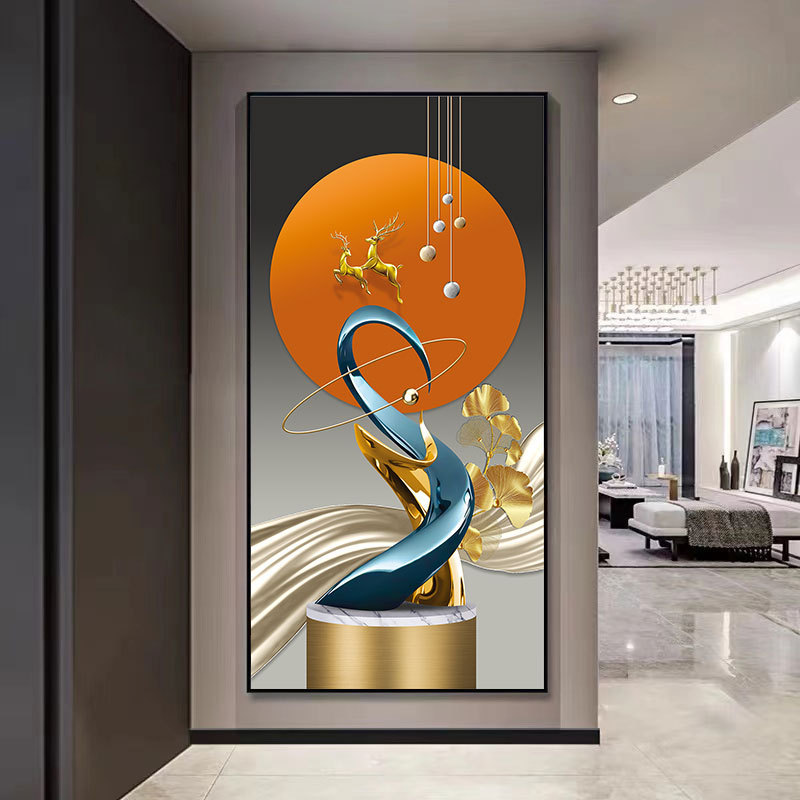 Pintura decorativa de vestíbulo de lujo ligero de alto nivel de alce hojas doradas pasillo colgar pintura de la sala de patrón colgar pintura suave