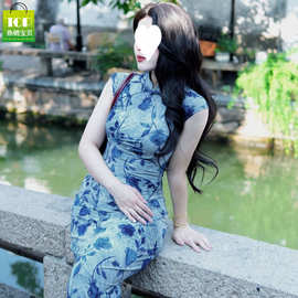 蓝色旗袍女新中式改良连衣裙夏大码有弹力修身日常2026新款巨好看