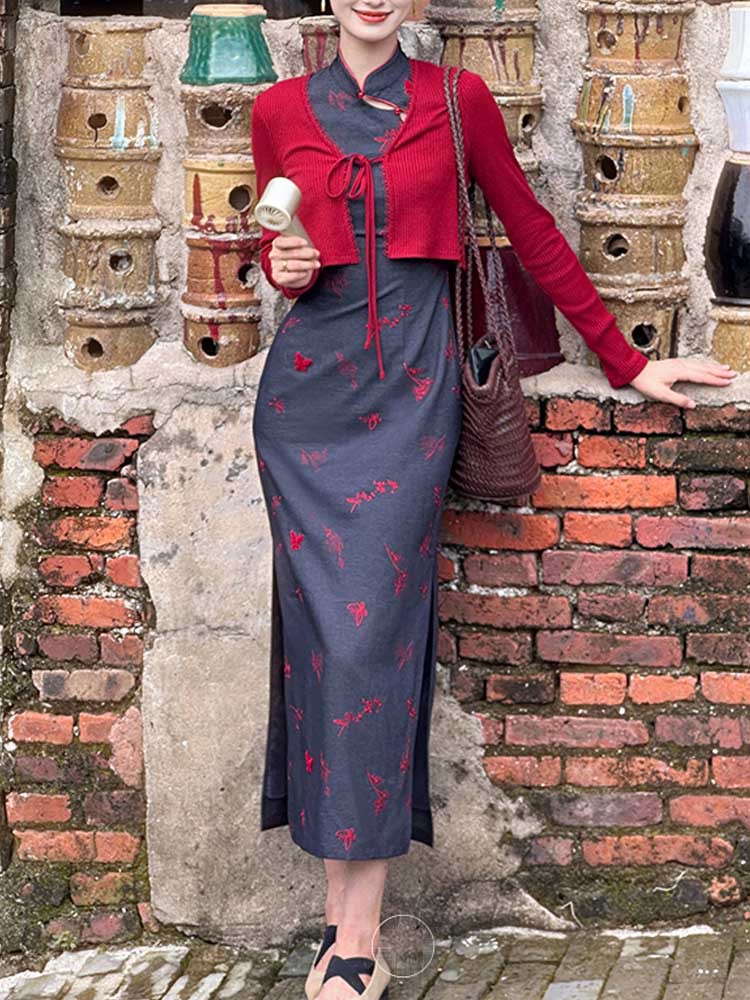 Sujin New Chinese Butterfly Print Modified Qipao For Women, Playful And Cute, Early Autumn National Style Stand Collar_ecoleips.com