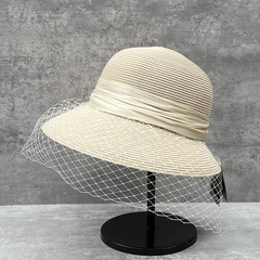 夏天草帽子女優雅網紗漁夫帽寬沿度假遮陽顯臉小復古麻紗裝飾盆帽