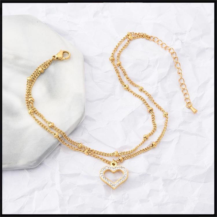 Red rojo joyería de moda titanio acero doble cadena del grano dulce corazón ZIRCON tobillo playa viento pie anillo femenino en stock