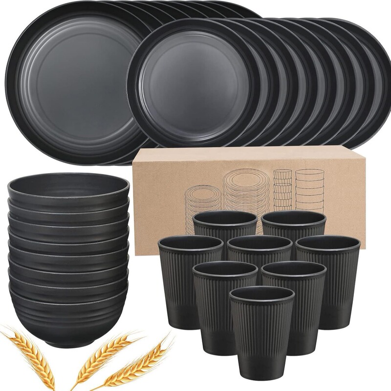 Cross-border Amazon US Station Black Plastic Cutlery Tableware Wheat Bowl Cup 56-piece Gift suit