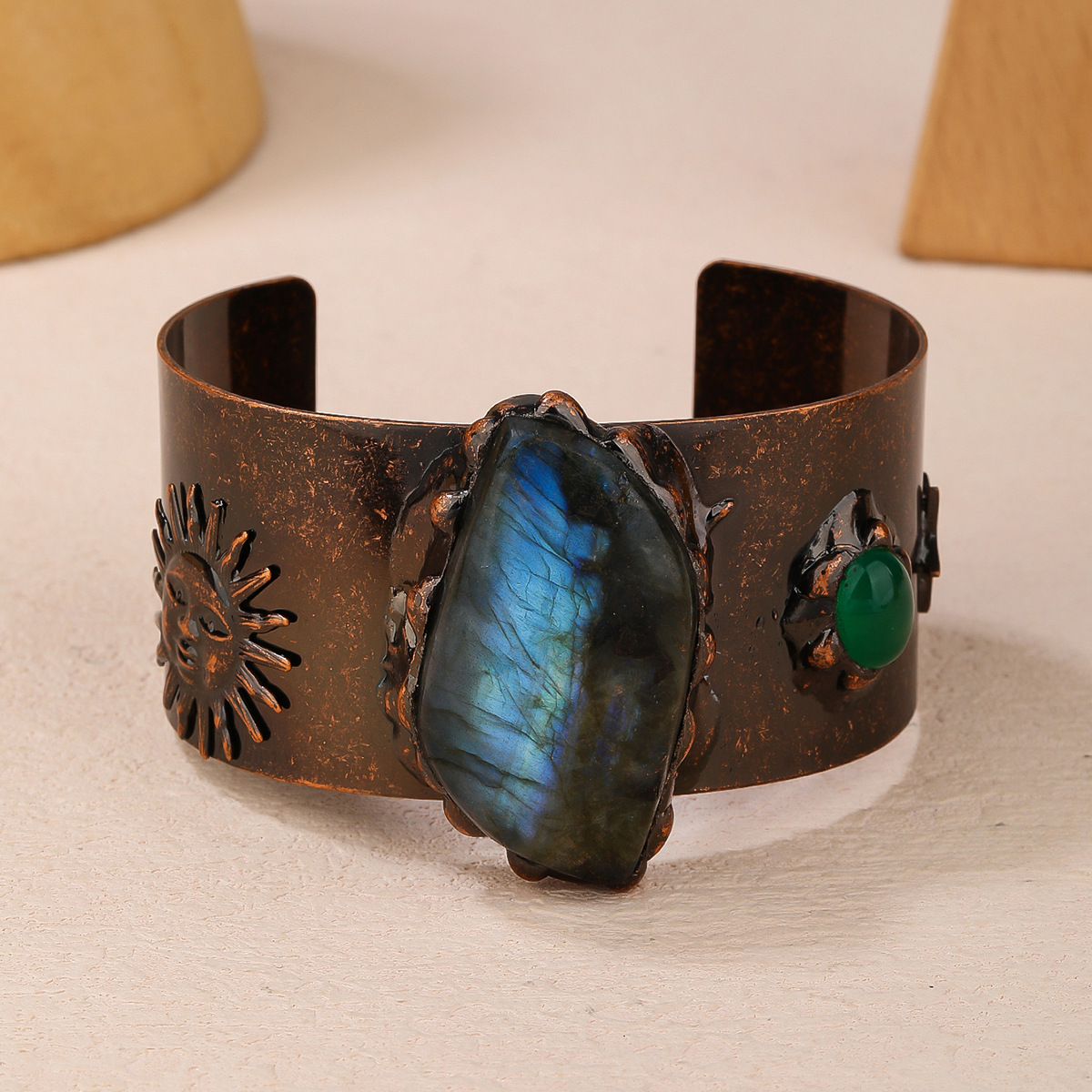 45g Weight Copper Pendant Material Wholesale Jewelry Retro Geometric Sun Copper Labradorite Handmade Inlay Bangle