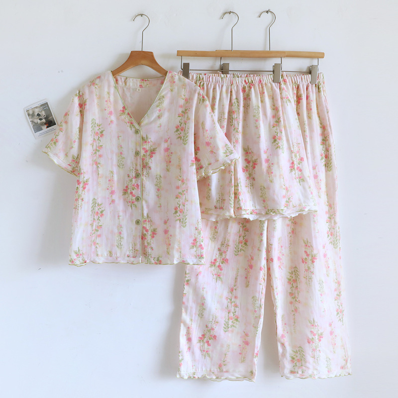 Simple V-Neck Short-Sleeved Three-Piece Pajamas for Women, Spring, Summer and Autumn, Pure Cotton, Thin Style, Home Wear, Simple and Comfortable for Outer Wear