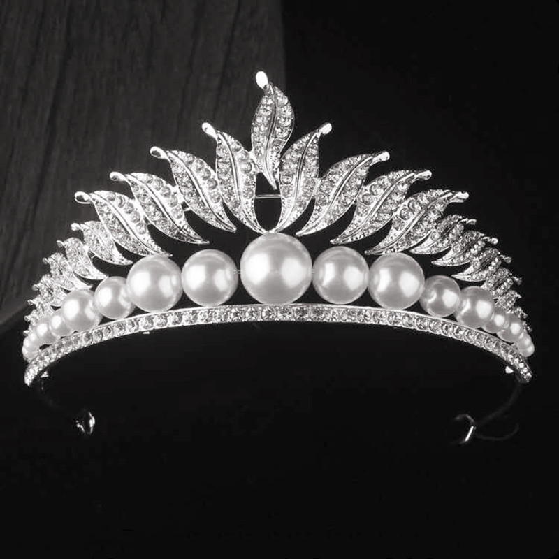 新款皇冠珍珠樹葉王冠兒童走秀發飾新娘頭飾花童禮服配飾生日禮物