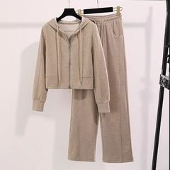 新品感休闲运动套装女春秋新款显瘦连帽卫衣直筒裤两件套纯色2025