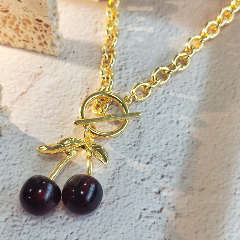 Cherry Pattern Women's Gender Wholesale Jewelry Vacation Simple Style Cherry Arylic Copper Pendant Necklace Cable Chain
