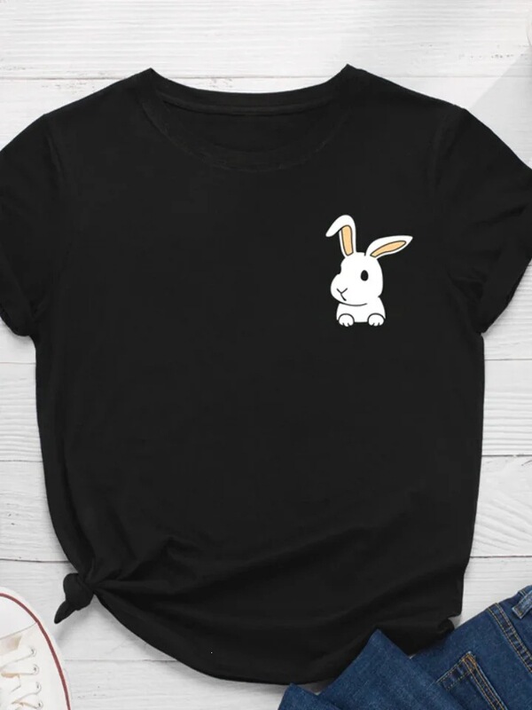 Pocket Rabbit Print Women's T-Shirt Short Sleeve O-Neck Loose Women's T-Shirt Ladies T-Shirt Top Clothes Camiseta