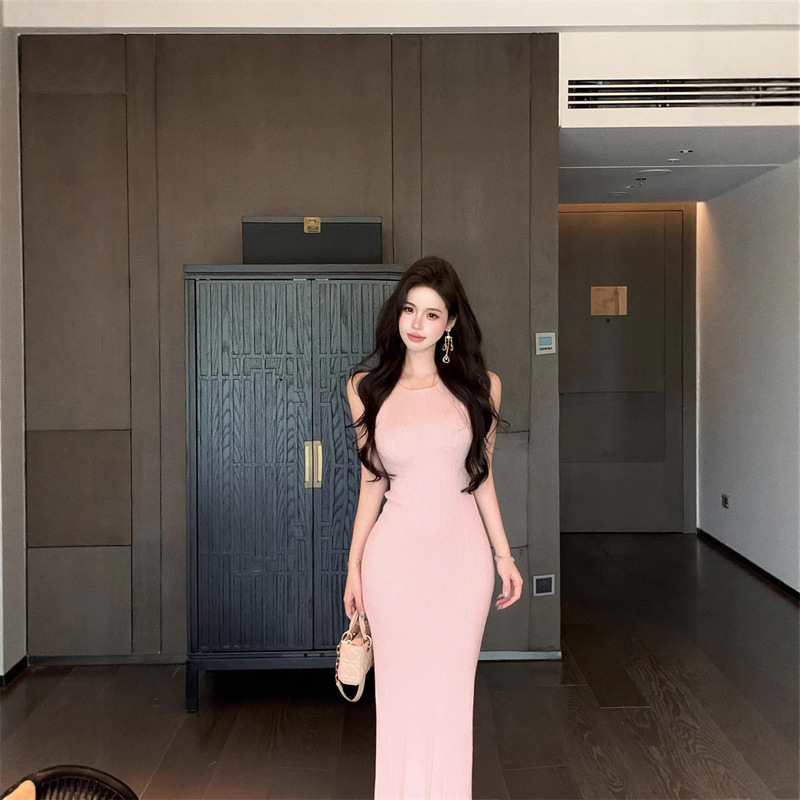 Pure Desire Hot Girl Slim Knitted Slit Long Skirt Summer Purple Waist Covering Hip Skirt Sleeveless Vest Dress for Women