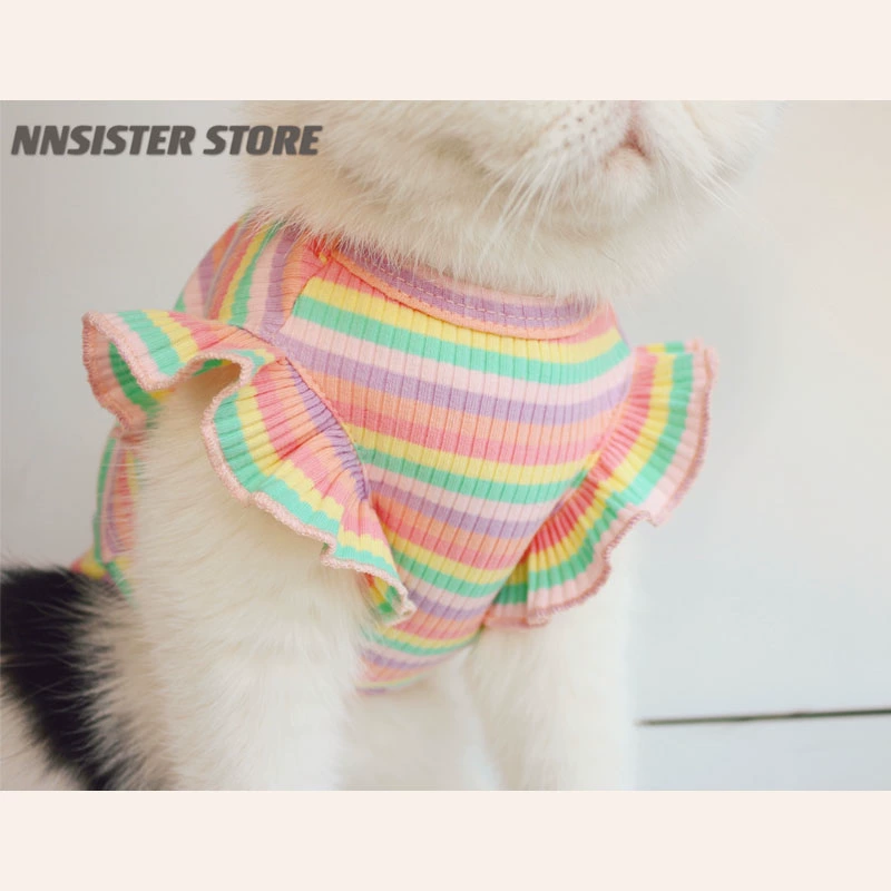Радуга маленькая милая ~ Хлопчатобумажная полосатая рубашка кошачья одежда принцесса милая весна и лето ins тонкая собака против выпадения волос