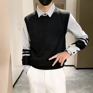 Autumn and Winter Vacation Two-Piece Knitwear Men's Shirt Collar Korean Style Trendyy Vest Vest Shirt Knitwear Jacket Men's Clothing