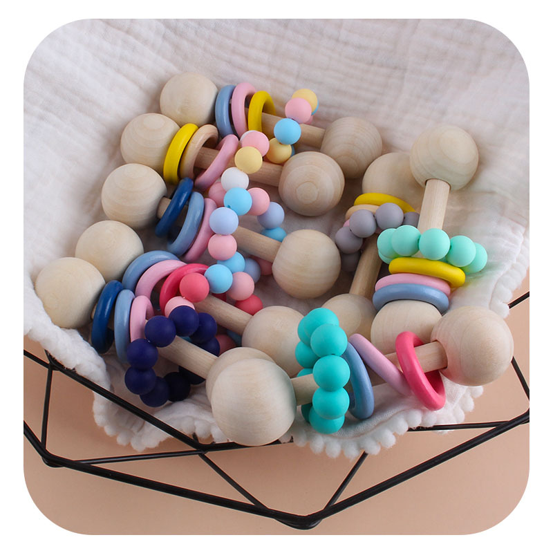 Creativo nuevo juguete de madera los niños mordedor bebé ejercicio interactivo agarre sonajero chupete silicona cadena traje