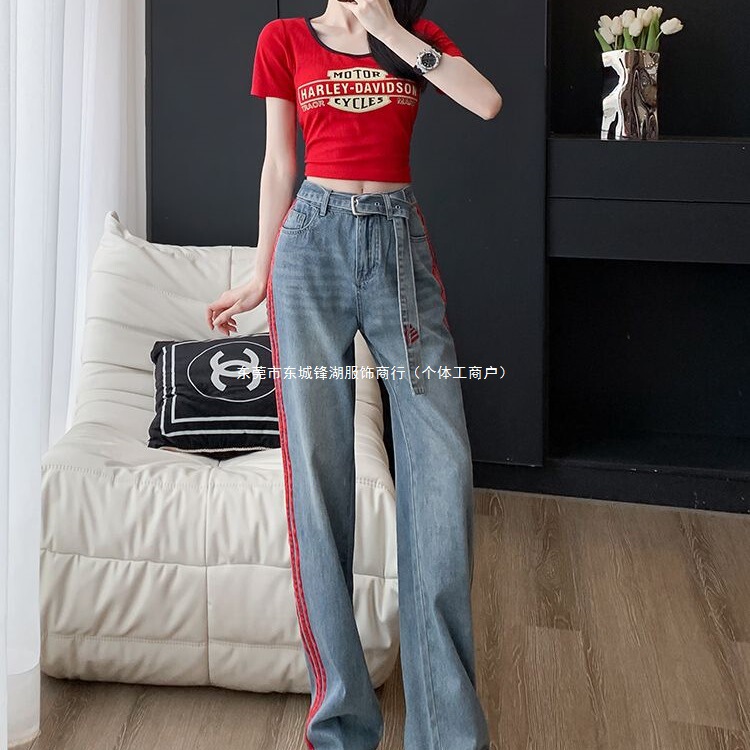 时尚流行减龄运动休闲套装女夏2025新款短袖显瘦牛仔阔腿裤两件套|undefined